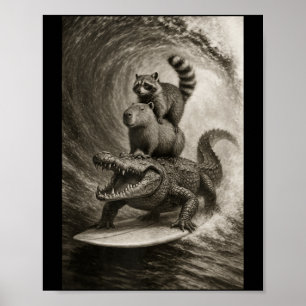 Funny Surfing Racoon Capybara Crocodile Selfie Poster