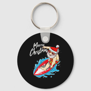 Funny Surfing Santa Claus Hawaiian Christmas Santa Key Ring