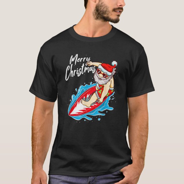 Funny Surfing Santa Claus Hawaiian Christmas Santa T-Shirt (Front)