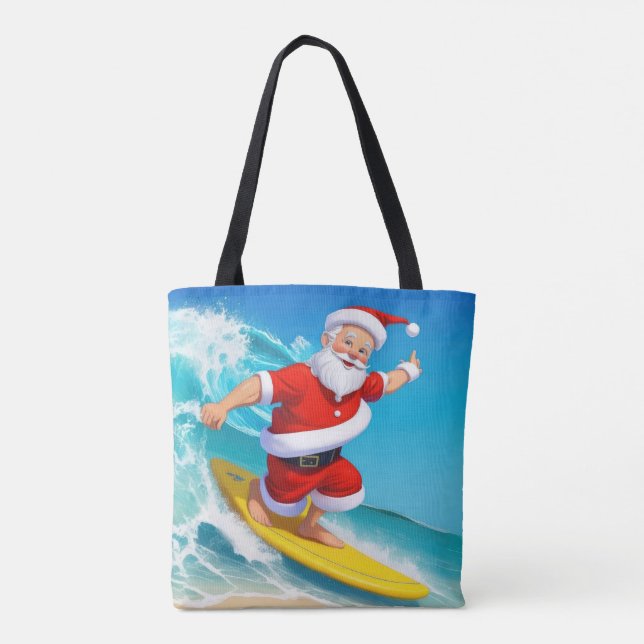 Funny Surfing Santa Claus Tote Bag (Back)