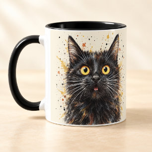 Funny Surprised Black Cat Watercolor Art Mug