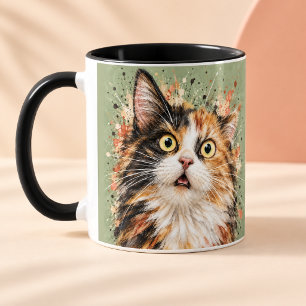 Funny Surprised Calico Cat Watercolor Art Mug