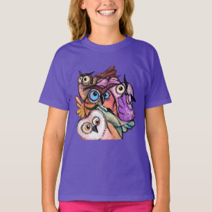 Funny Surprised Colourful Owls Painting Cartoon T-Shirt