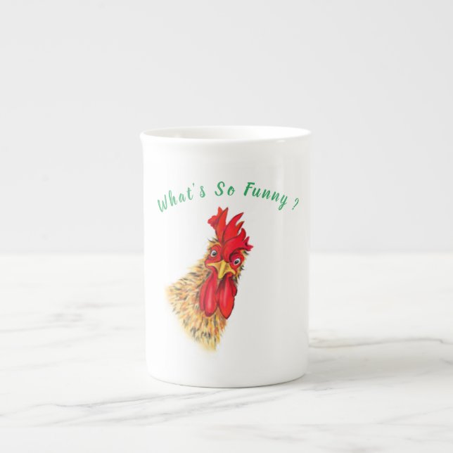 Funny Surprised Curious Rooster - Custom Text Bone China Mug (Front)