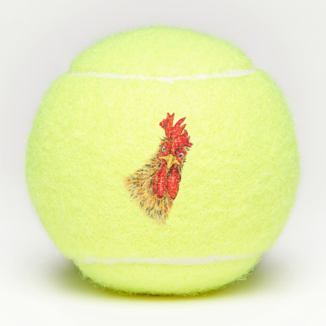 Funny Surprised Curious Rooster - Fun Drawing Tennis Balls (Front)