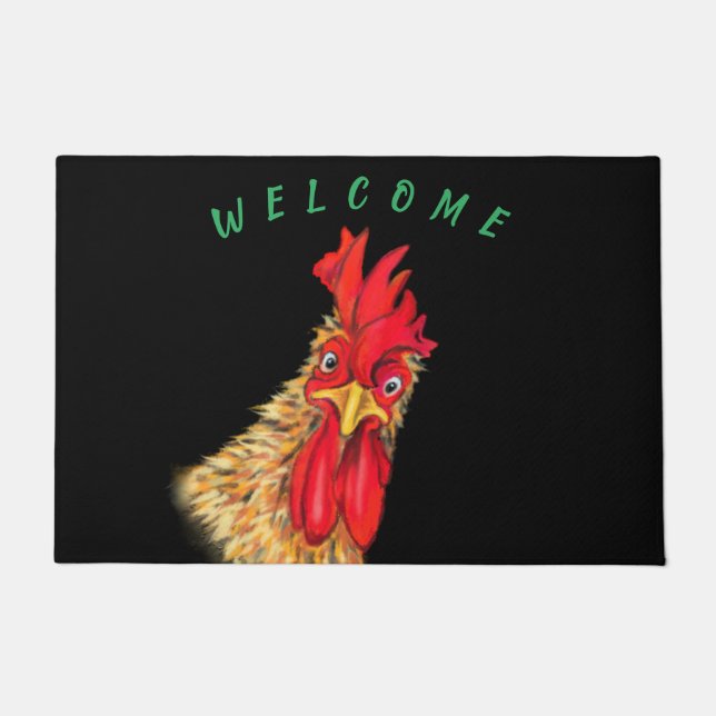 Funny Surprised Curious Rooster - Welcome Doormat (Front)
