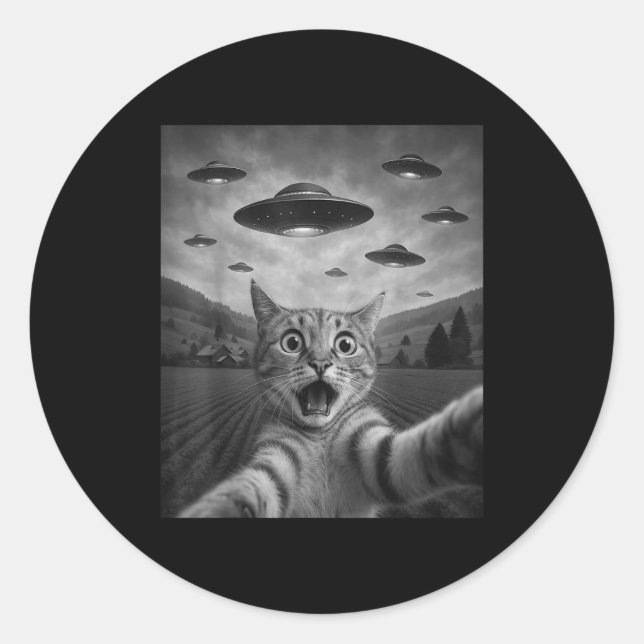 Funny Surprised Ed Cat Selfie With Alien Ufo Cat U Classic Round Sticker (Front)