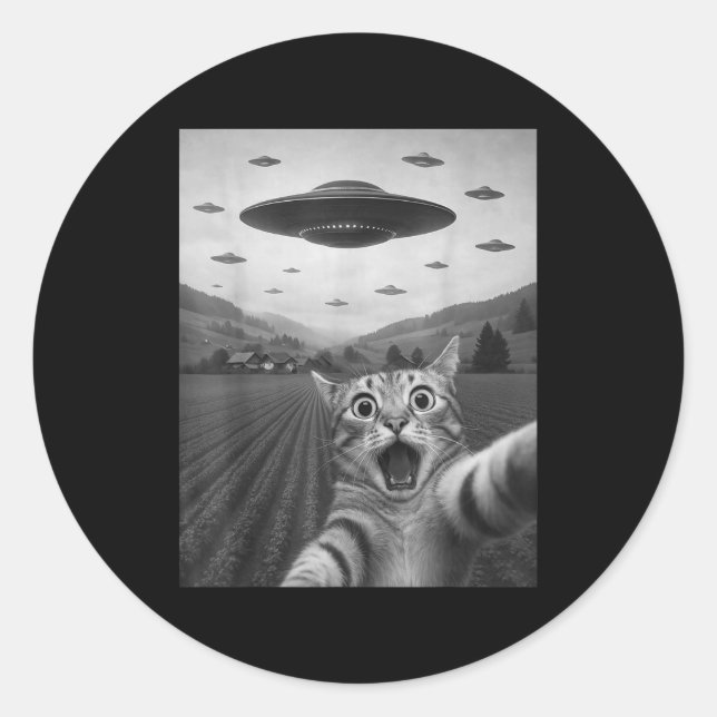 Funny Surprised Ed Cat Selfie With Alien Ufo Cat U Classic Round Sticker (Front)