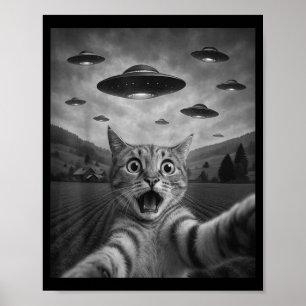 Funny Surprised Ed Cat Selfie With Alien Ufo Cat U Poster