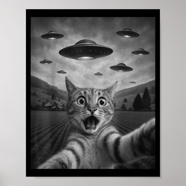 Funny Surprised Ed Cat Selfie With Alien Ufo Cat U Poster (Front)