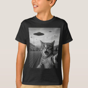 Funny Surprised Ed Cat Selfie With Alien Ufo Cat U T-Shirt