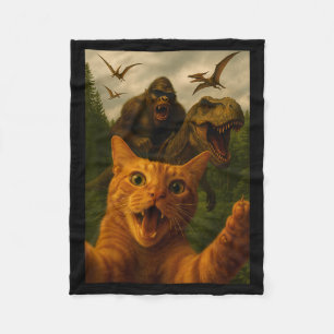 Funny Surprised Ed Cat Selfie With Bigfoot T-rex Fleece Blanket