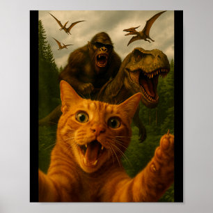 Funny Surprised Ed Cat Selfie With Bigfoot T-rex  Poster