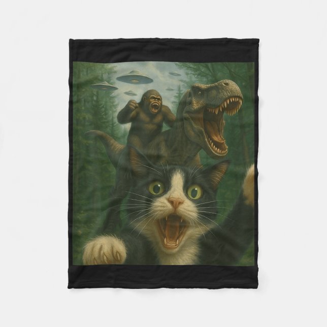 Funny Surprised Scared Cat Selfie T-rex Dinosaur B Fleece Blanket (Front)