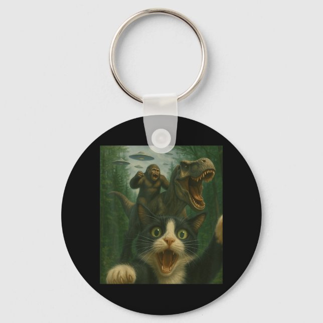 Funny Surprised Scared Cat Selfie T-rex Dinosaur B Key Ring (Front)