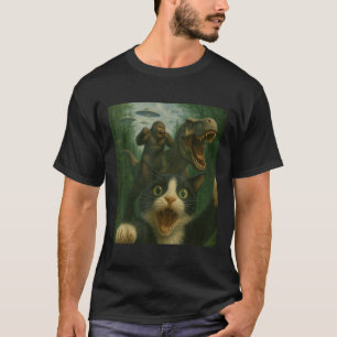 Funny Surprised Scared Cat Selfie T-rex Dinosaur B T-Shirt
