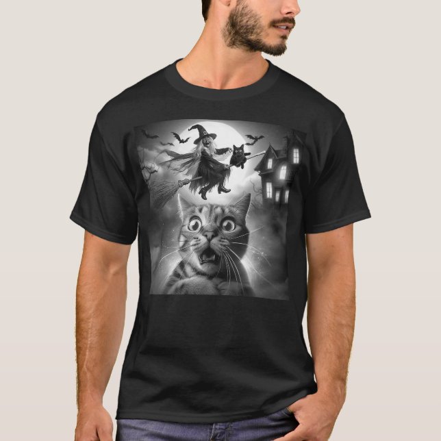 Funny Surprised Scared Cat Selfie With Witch For H T-Shirt (Front)