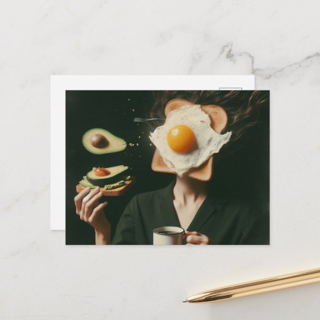 Funny Surreal Eggs and Toast Breakfast Woman Postcard (Front/Back In Situ)