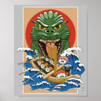 Funny Sushi Lover Monster Cartoon Illustration