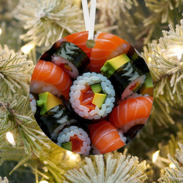 Funny Sushi Pun Personalised Christmas Metal Tree Decoration (Insitu)
