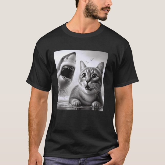 Funny Suspense Cat vs Shark - Feline Fear Kitty Ca T-Shirt (Front)