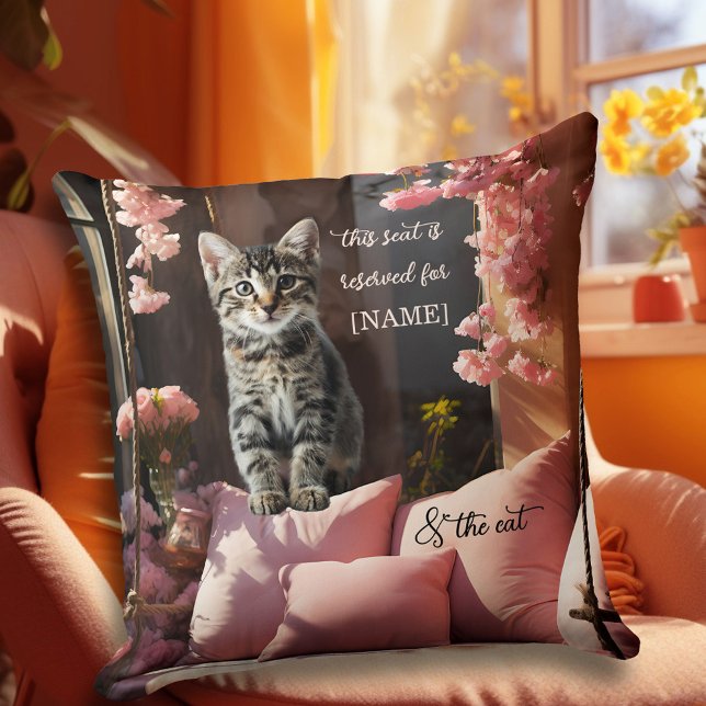 Funny Sweet Kitten Pink Cushion (A funny romantic pillow featuring a kitty on a pink swing bench with flowers - Valentine's Day)