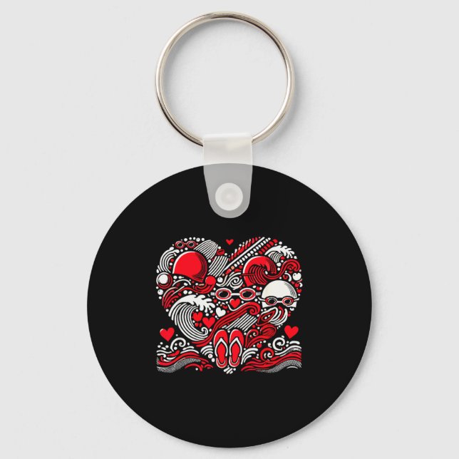 Funny Swimming Heart Valentine Swimmer Womens Mens Key Ring (Front)