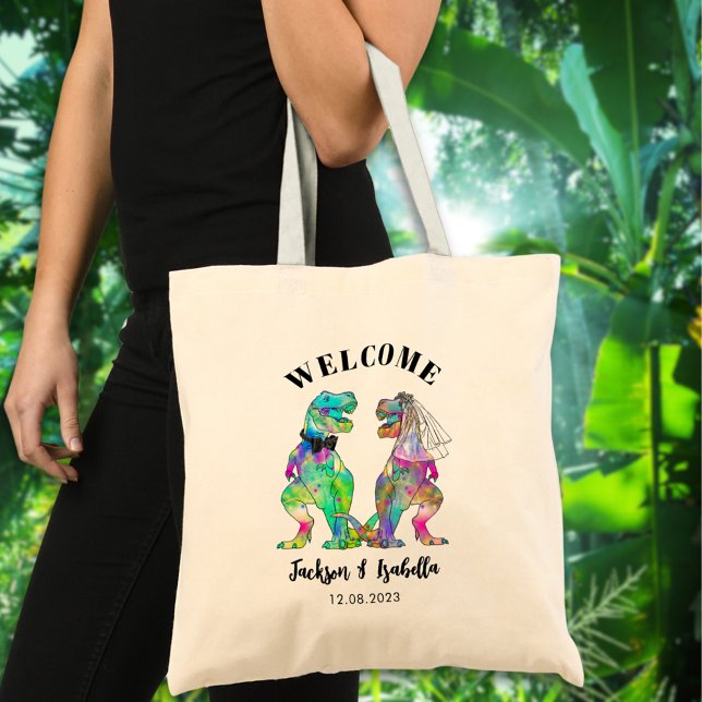Funny T Rex Bride and Groom Wedding Welcome Tote Bag (T-Rex bride and groom colorful dinosaur wedding welcome tote bag)
