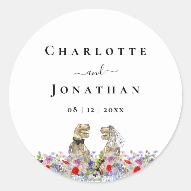 Funny T-Rex Bride & Groom Custom Dinosaur Wedding Classic Round Sticker (Front)