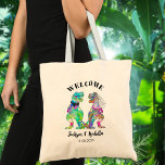 Funny T-Rex Bride & Groom Dinosaur Wedding Welcome Tote Bag<br><div class="desc">Welcome your wedding guests with this funny dinosaur T Rex bride and groom tote. Add all the days survival favors like bottled water, tablets for headaches and toys and table games for children attending the event. Easy to customize with the bride and grooms names and the wedding date. Colorful watercolor...</div>