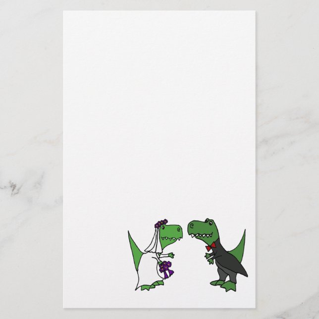 Funny T-rex Dinosaur Bride and Groom Wedding Art Stationery (Front)