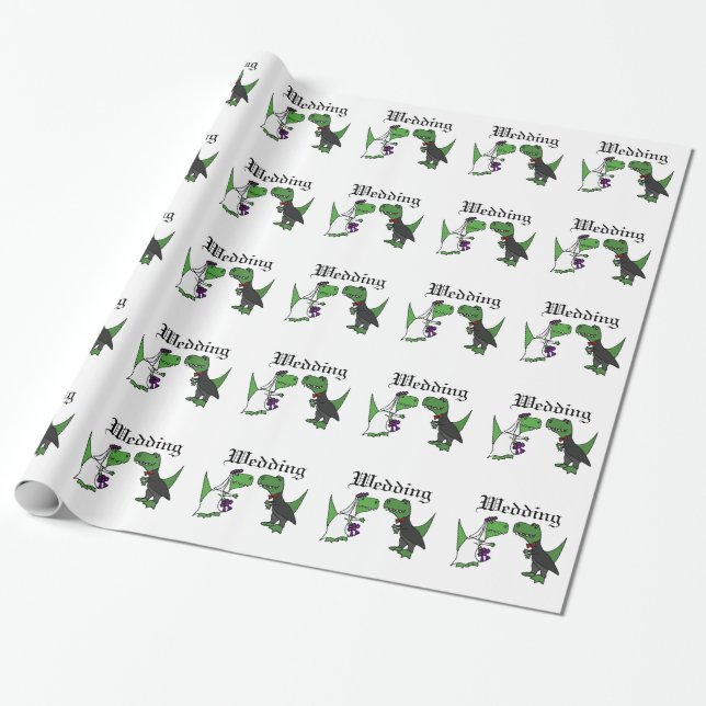 Funny T-rex Dinosaur Bride and Groom Wedding Art Wrapping Paper (Unrolled)