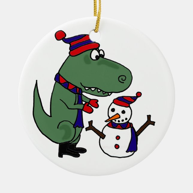 Funny T-Rex Dinosaur Building Snowman Ceramic Tree Decoration (Front)