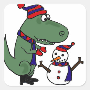 Funny T-Rex Dinosaur Building Snowman Square Sticker