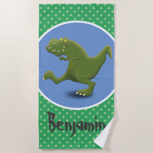 Funny t rex dinosaur cartoon illustration beach towel