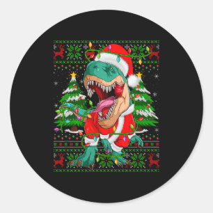 Funny T-rex Dinosaur Christmas Lights Ugly Xmas Sw Classic Round Sticker