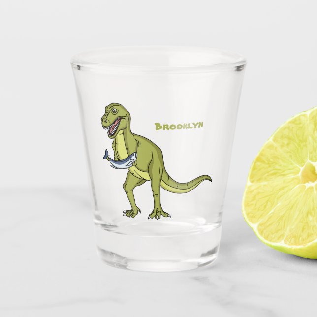 Funny T rex dinosaur illustration Shot Glass (Front)