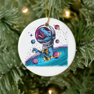 Funny T-Rex Dinosaur in Space Ceramic Tree Decoration