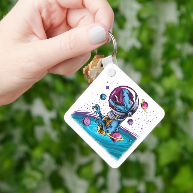 Funny T-Rex Dinosaur in Space Key Ring (Hand)