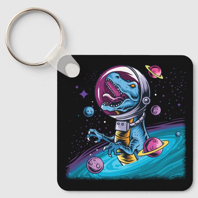 Funny T-Rex Dinosaur in Space Key Ring (Front)