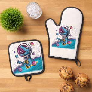 Funny T-Rex Dinosaur in Space Oven Mitt & Pot Holder Set