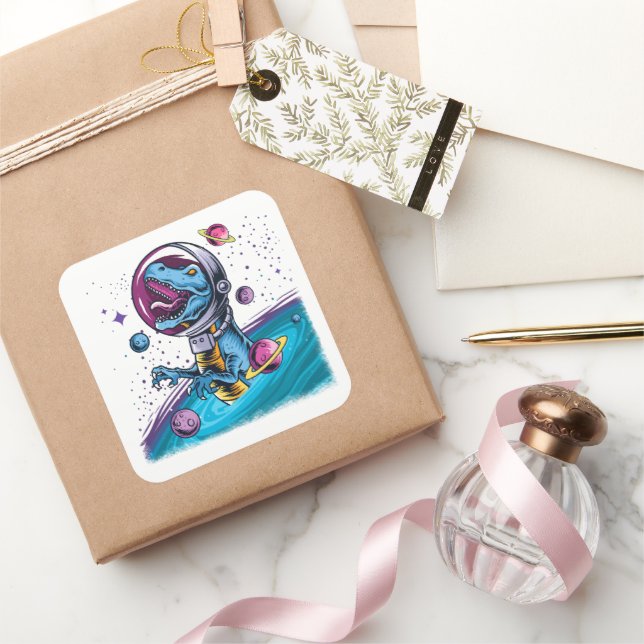 Funny T-Rex Dinosaur in Space Square Sticker (Gifting)