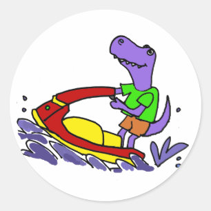 Funny T-rex Dinosaur Jet Skiing Cartoon Classic Round Sticker