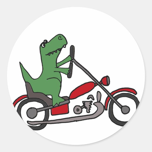 Funny T-rex Dinosaur on Red Motorcycle Classic Round Sticker (Front)