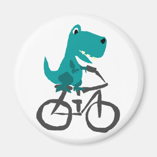 Funny T-rex Dinosaur Riding Bicycle Cartoon Magnet