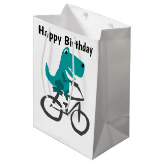 Funny T-rex Dinosaur Riding Bicycle Cartoon Medium Gift Bag