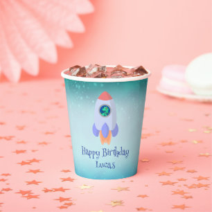 Funny T-rex dinosaur rocket School kid Birthday  Paper Cups