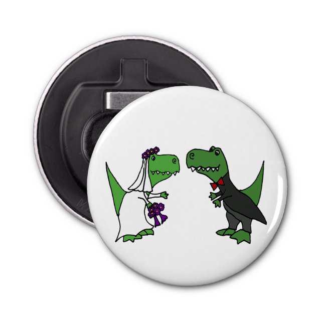 Funny T-rex Dinosaurs Bride and Groom Wedding Art Bottle Opener (Front)