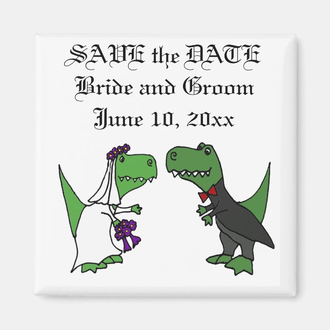 Funny T-rex Dinosaurs Bride and Groom Wedding Art Magnet (Front)