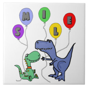 Funny T-rex Dinosaurs holding Smile Balloons Tile